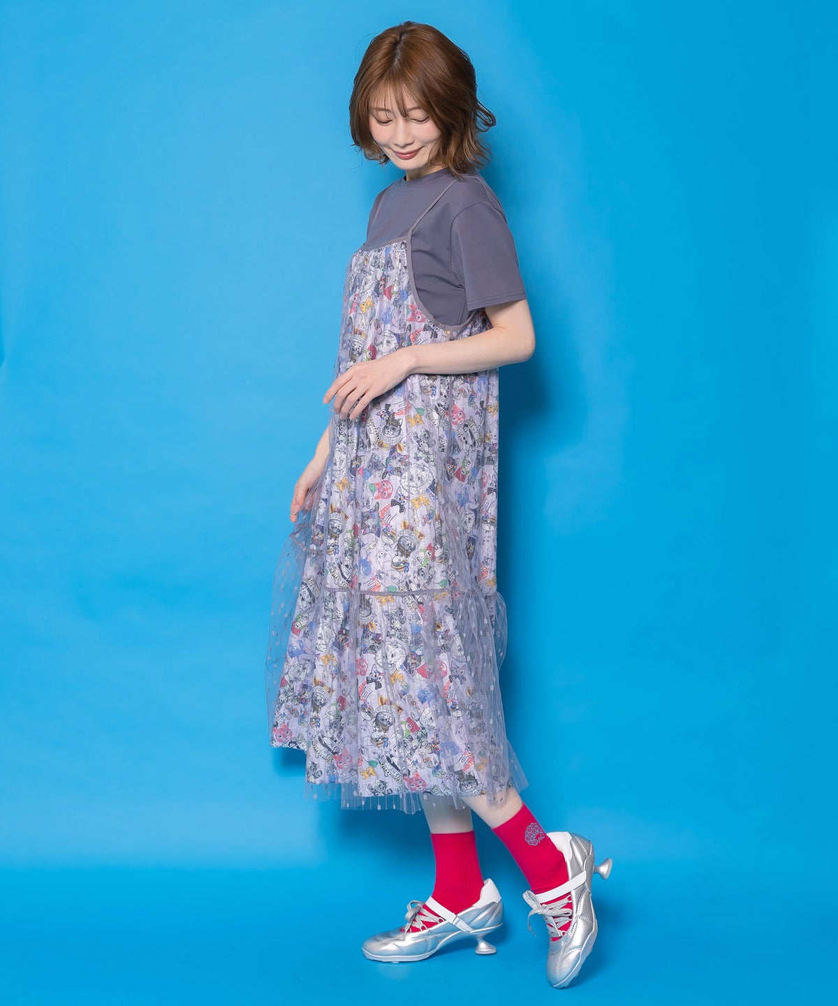 総柄ベロア×ストライプ柄チュールキャミワンピ-4