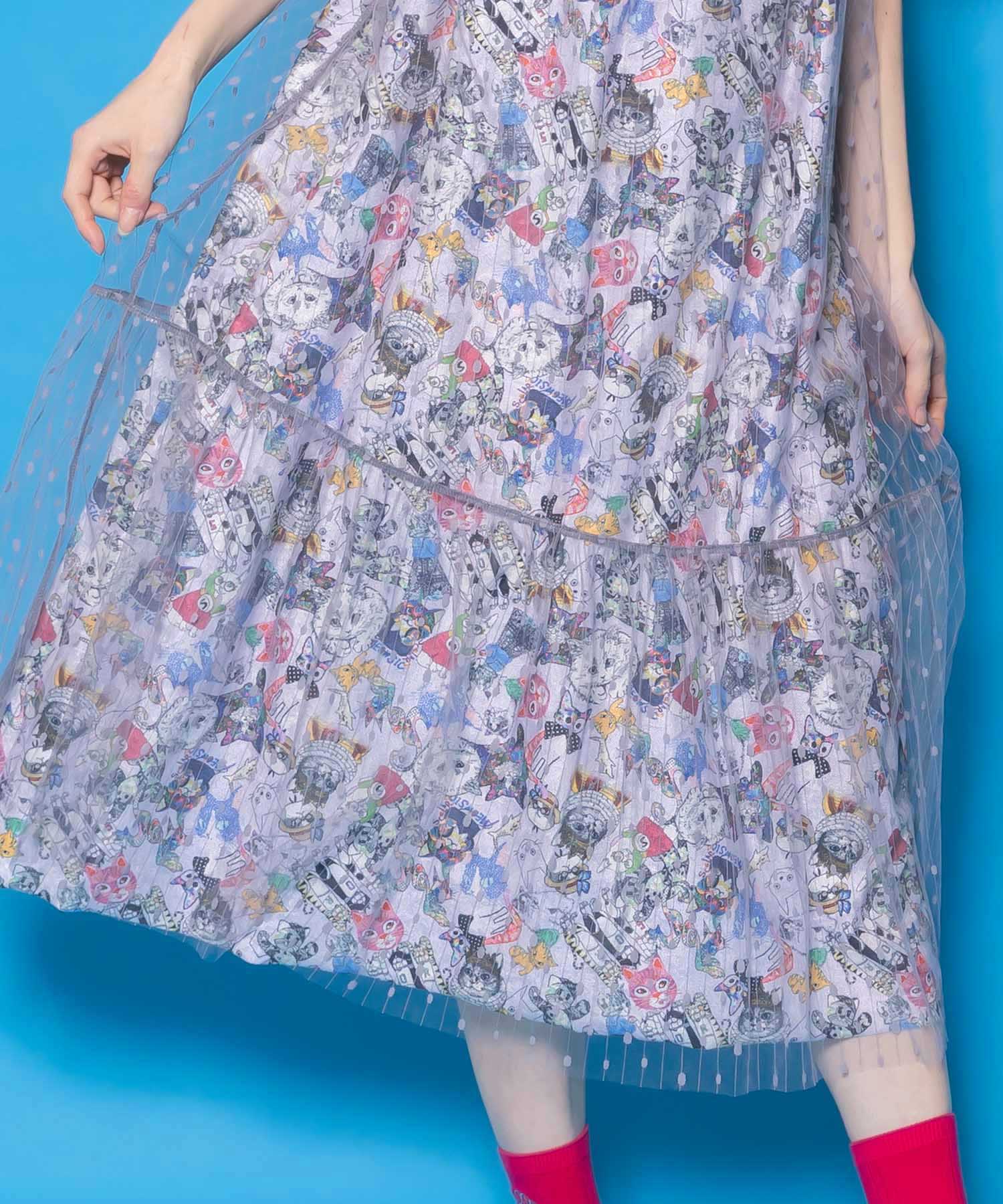 ヒス、カラフル総柄キャミ更にお値下げ！！ 161666：総柄ベロア×ストライプ柄チュールキャミワンピの通販-ScoLar