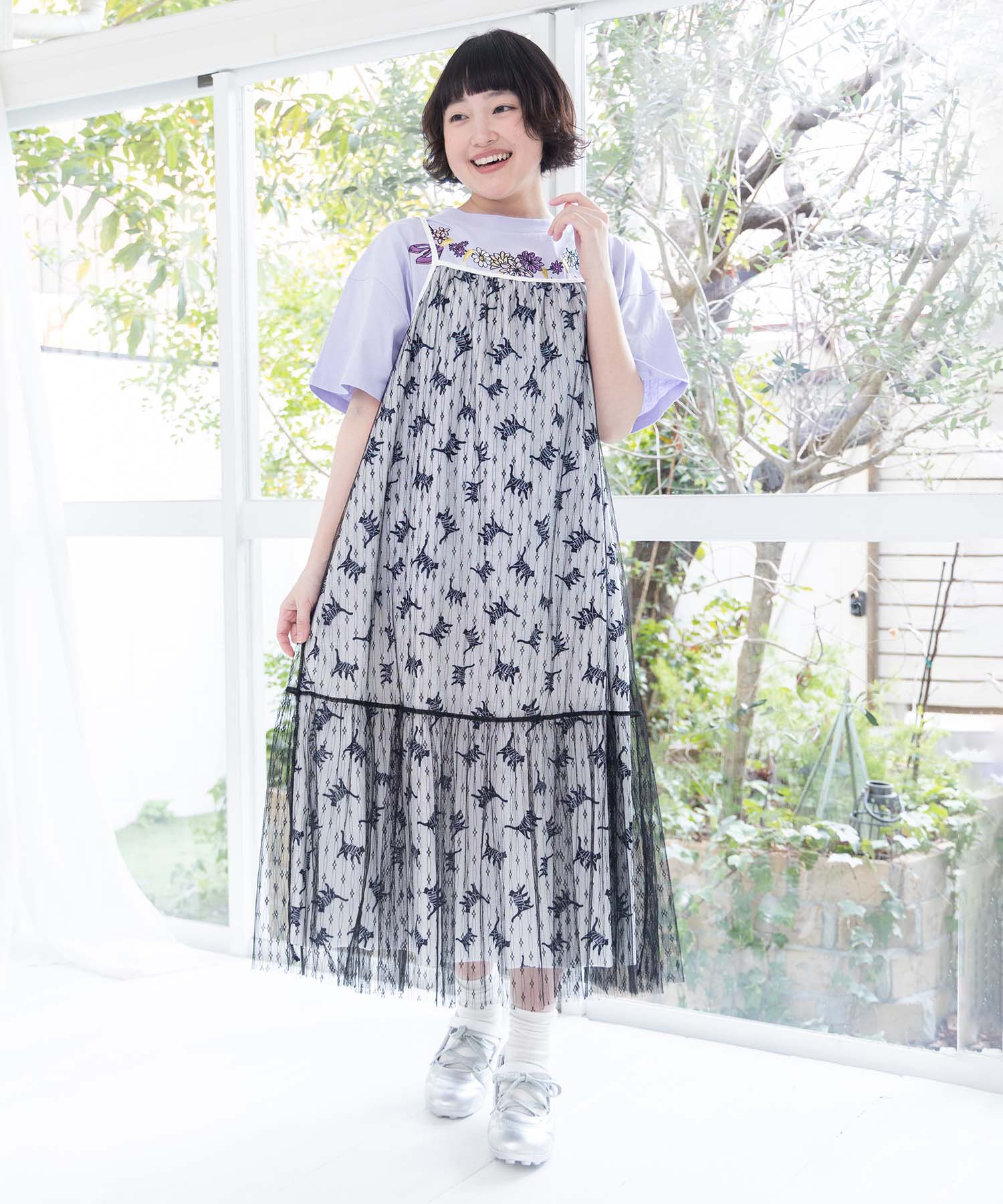 ヒス、カラフル総柄キャミ更にお値下げ！！ 161666：総柄ベロア×ストライプ柄チュールキャミワンピの通販-ScoLar