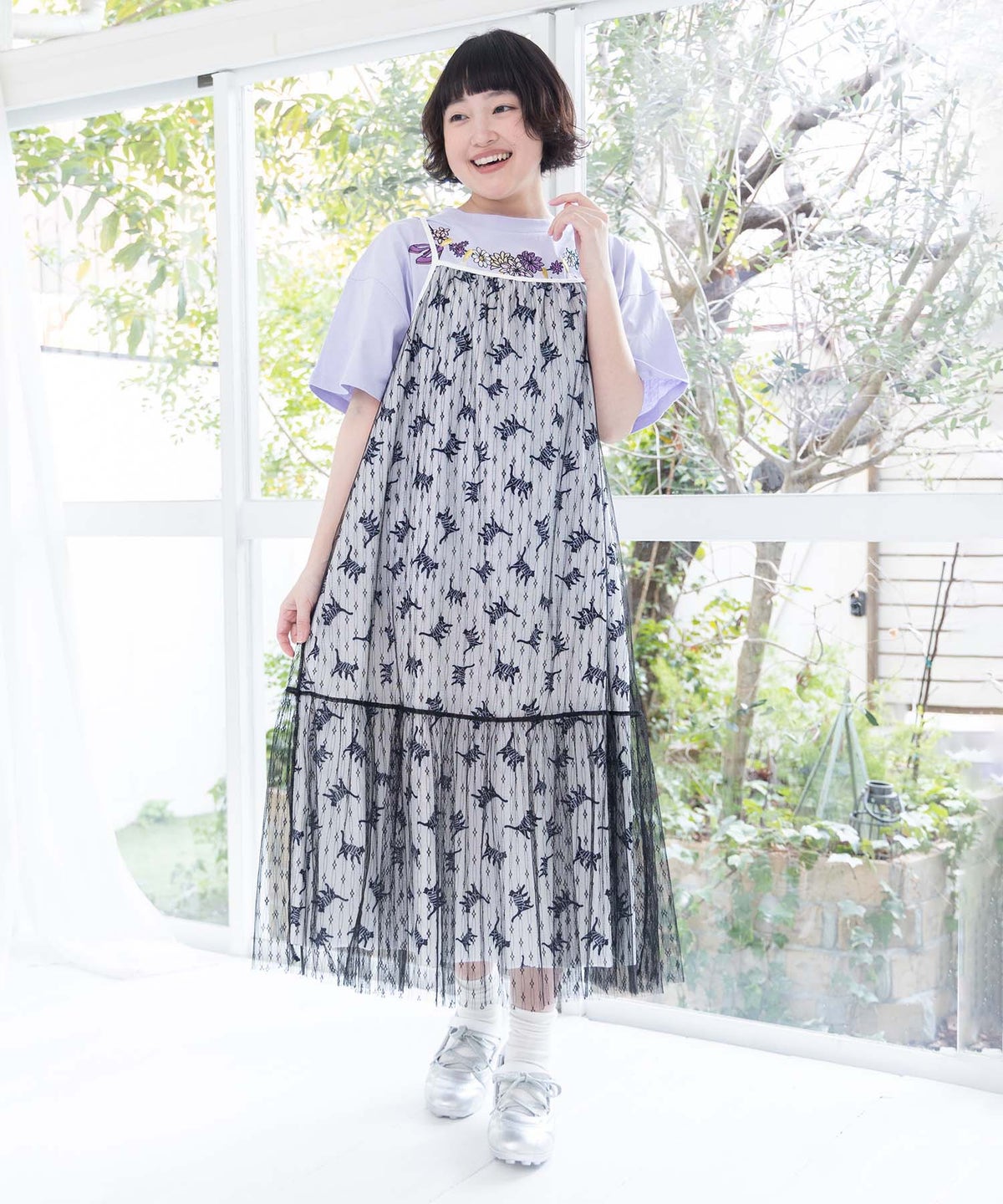 総柄ベロア×ストライプ柄チュールキャミワンピ-9