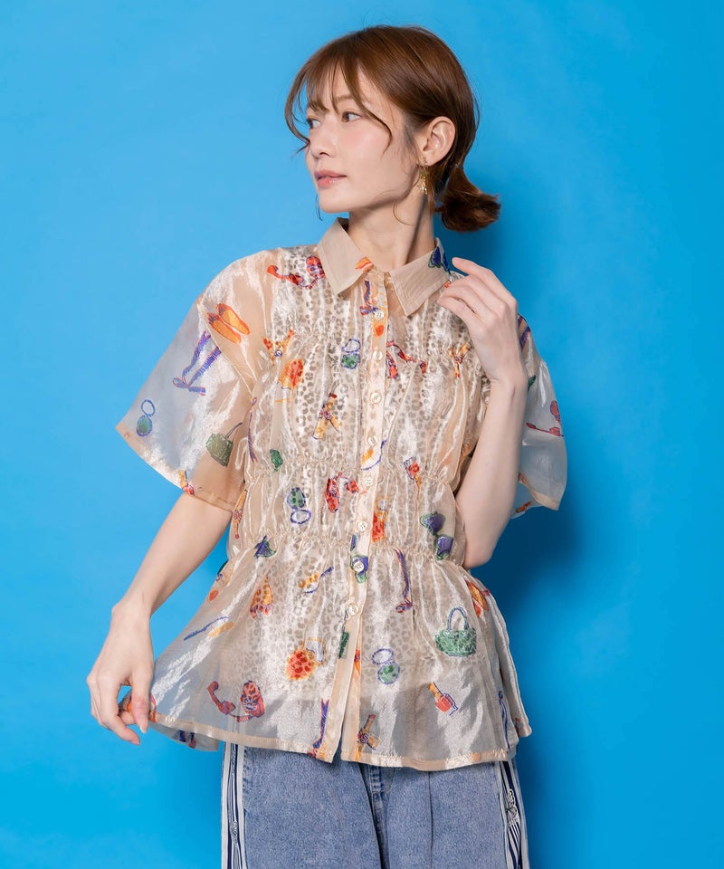 おしゃれネコちゃん柄シアーシャツ-3