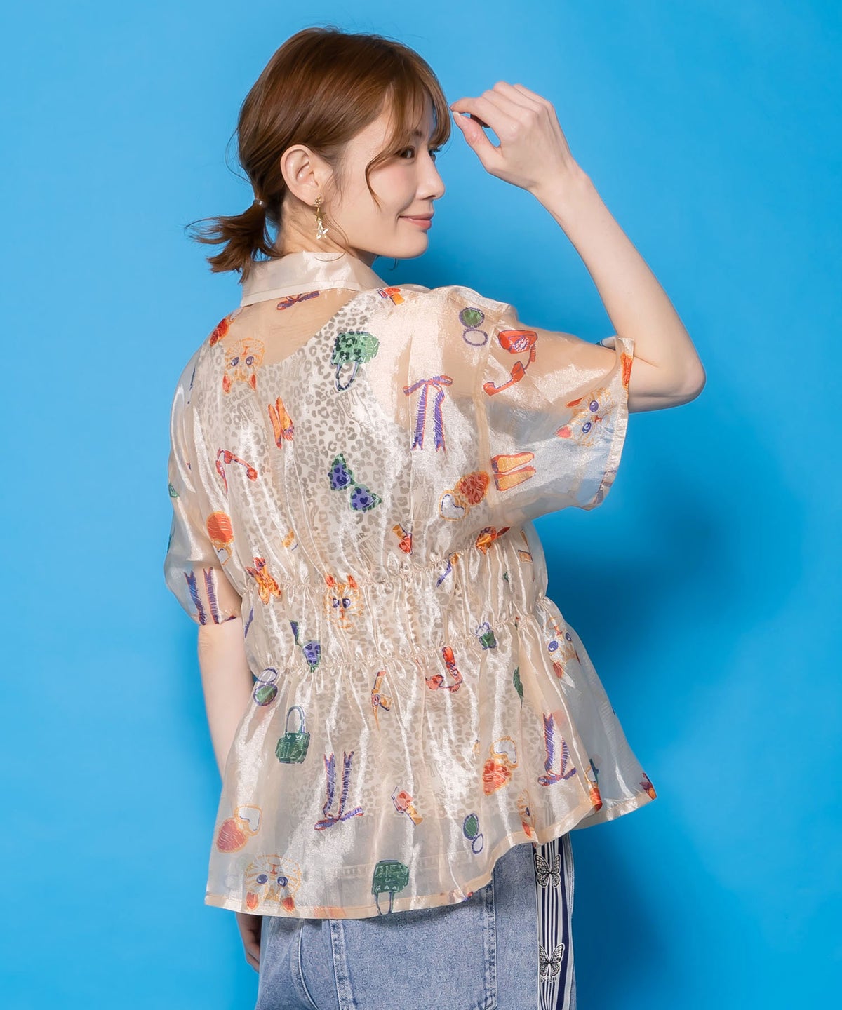 おしゃれネコちゃん柄シアーシャツ-6