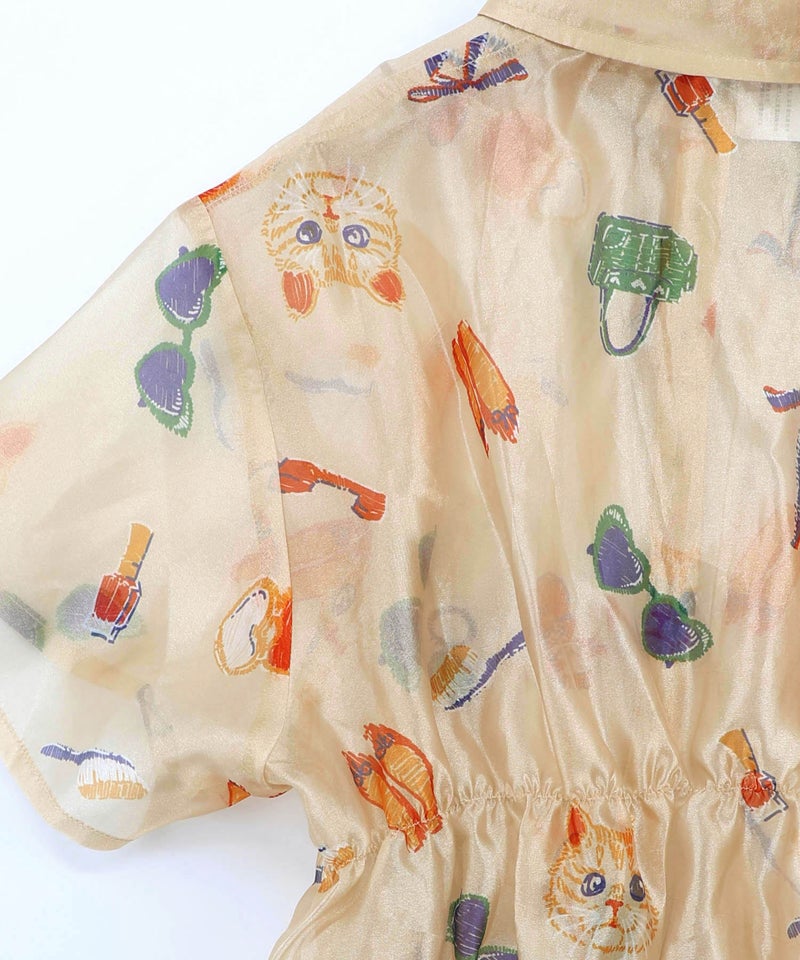 おしゃれネコちゃん柄シアーシャツ-11
