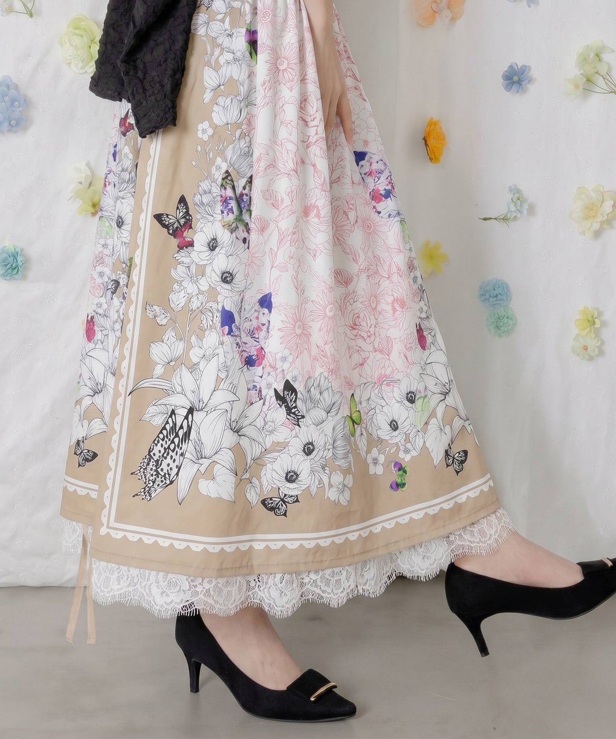 お花いっぱい レース×ドロスト付きスカート-1