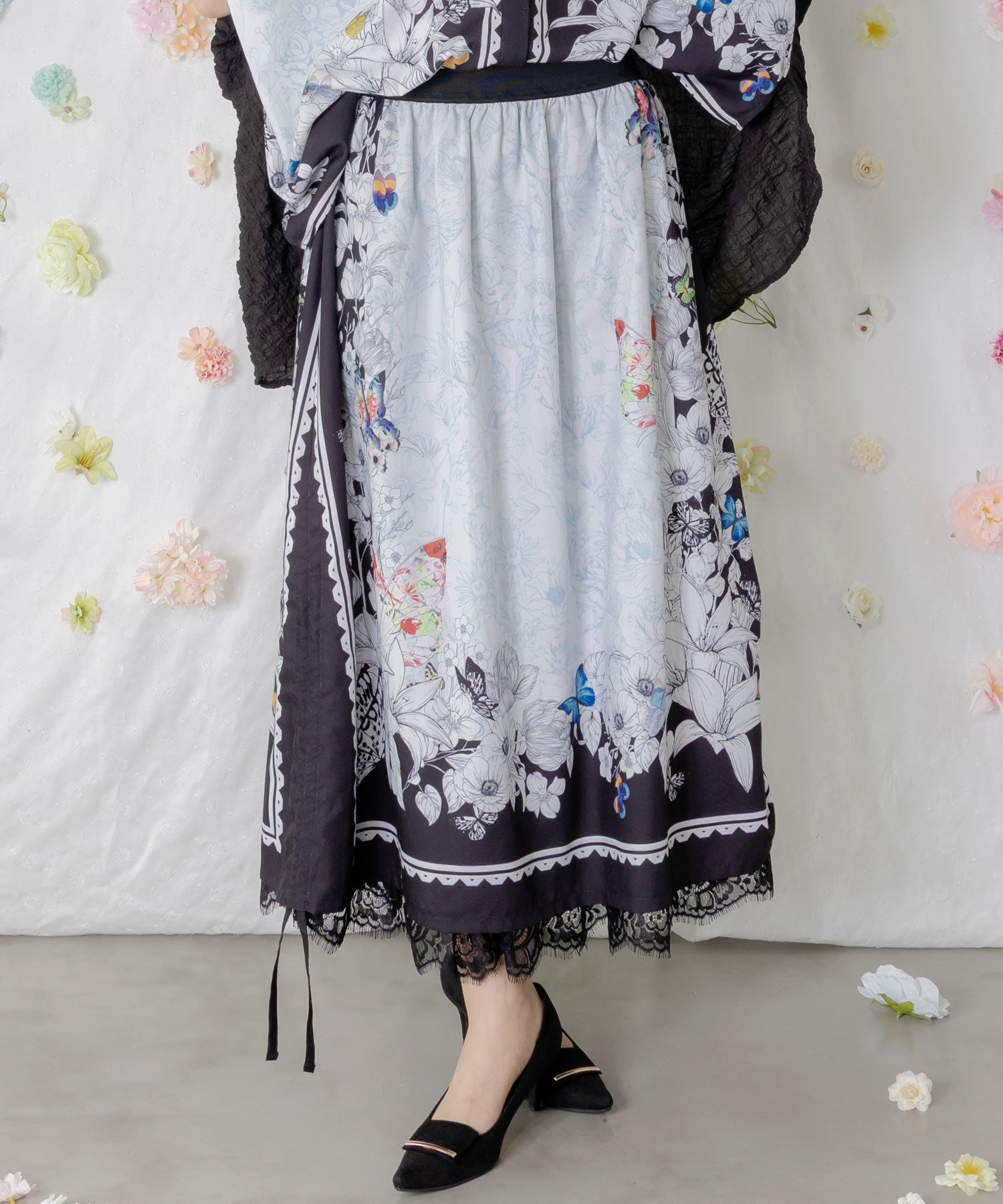 スカート yayakoma 562216：お花いっぱい レース×ドロスト付きスカートの通販-ScoLar