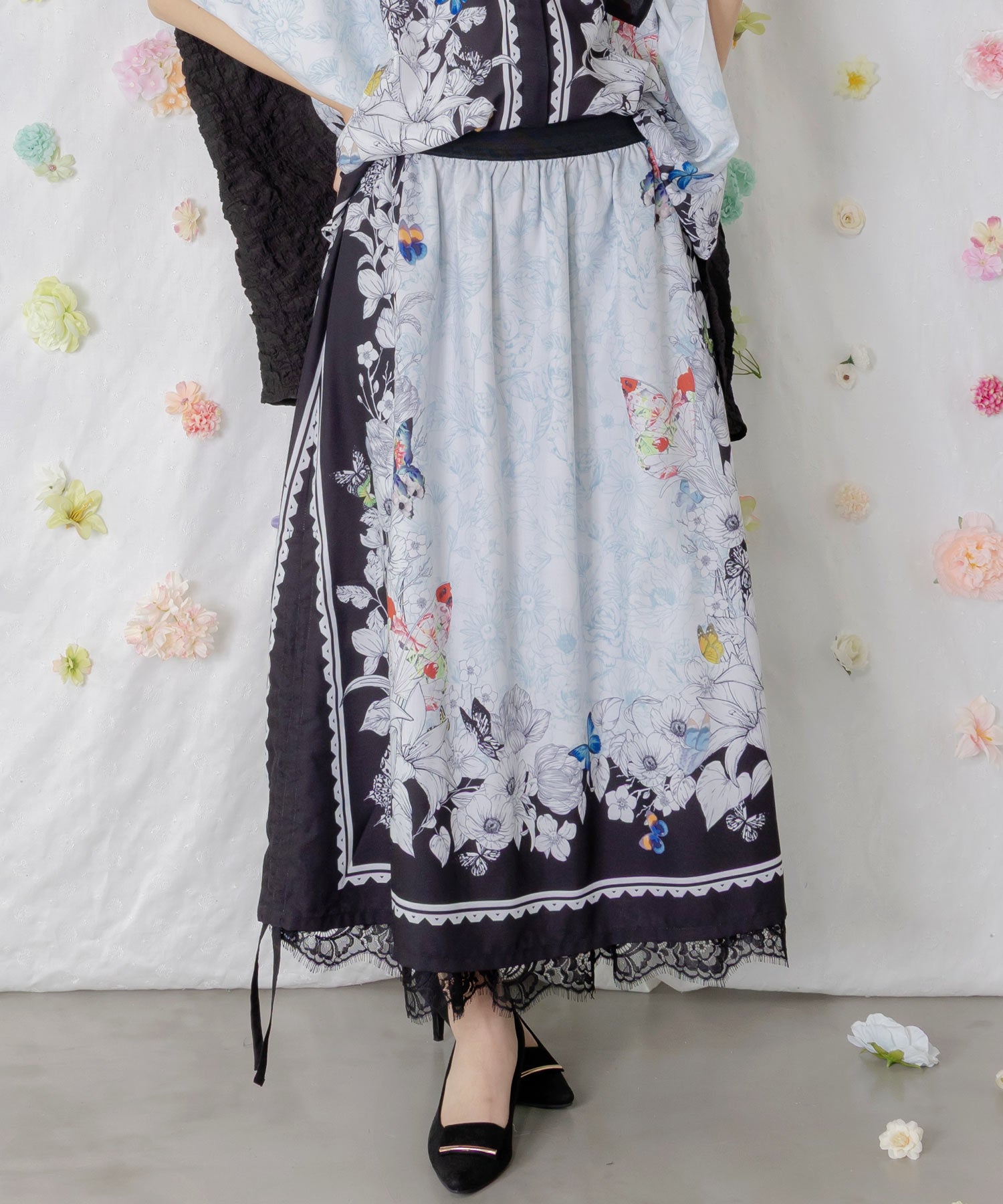 562216：お花いっぱい レース×ドロスト付きスカートの通販-ScoLar
