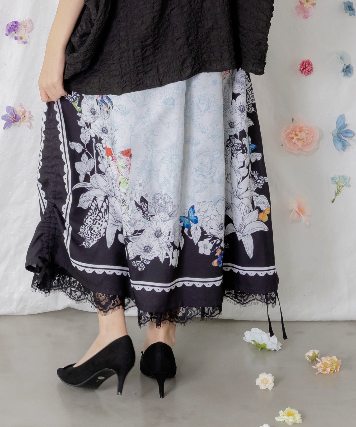 562216：お花いっぱい レース×ドロスト付きスカートの通販-ScoLar