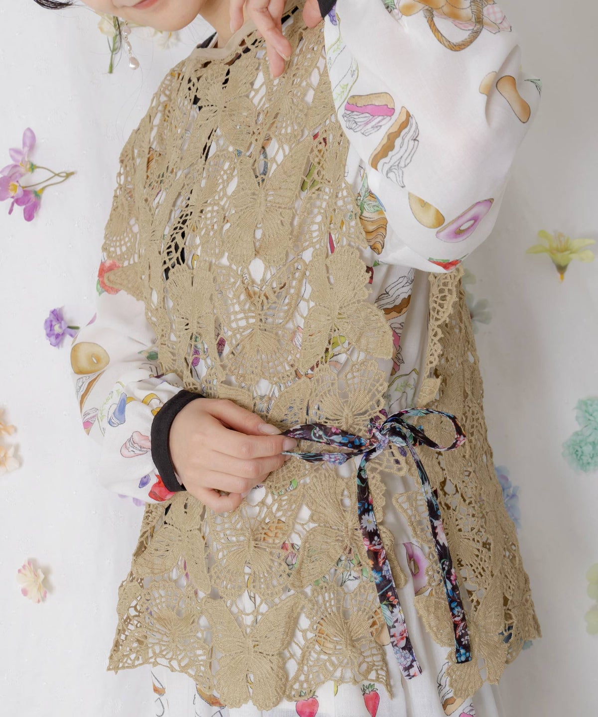 リボン付き蝶レースベスト-8