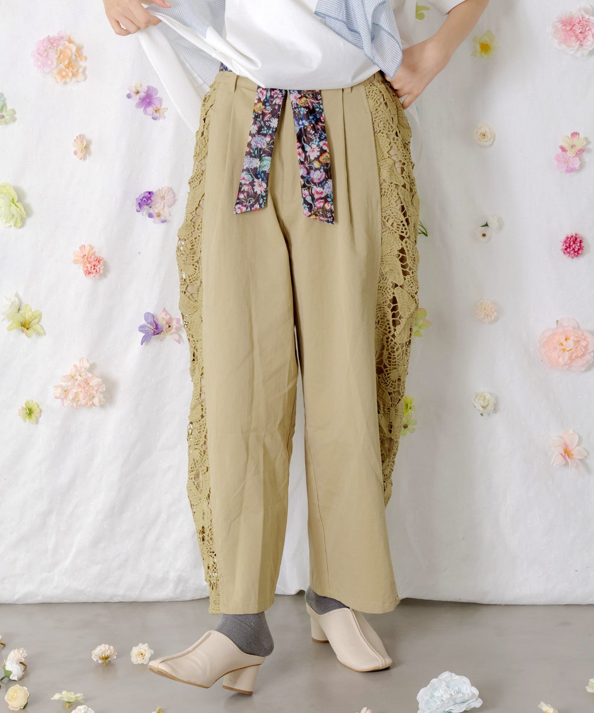 アジサイ柄リボンベルト付き蝶レースパンツ-1