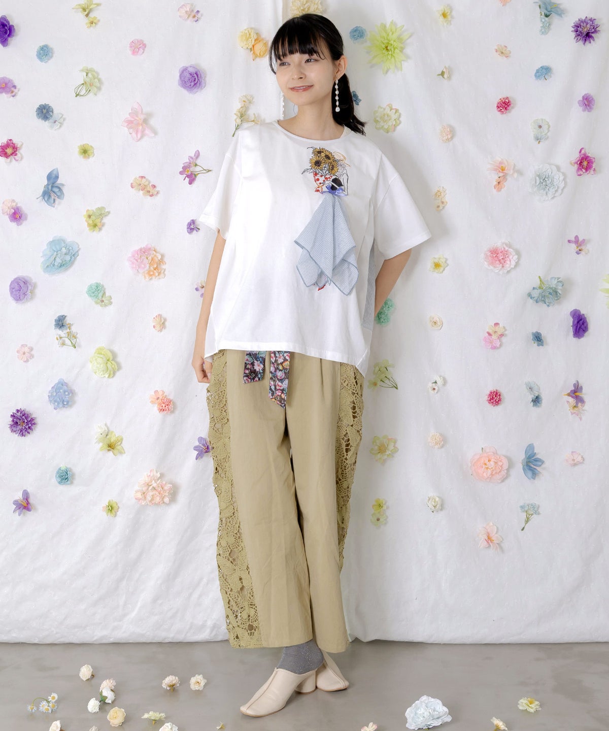 アジサイ柄リボンベルト付き蝶レースパンツ-2