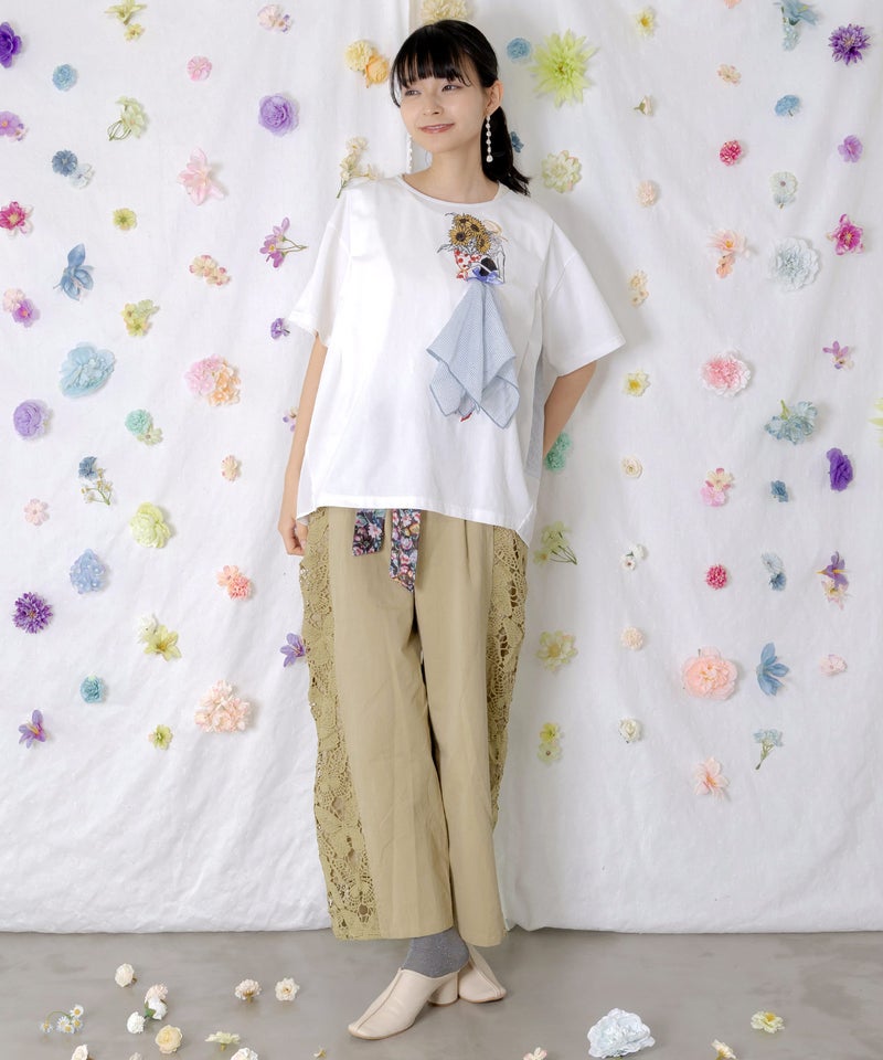 アジサイ柄リボンベルト付き蝶レースパンツ-2