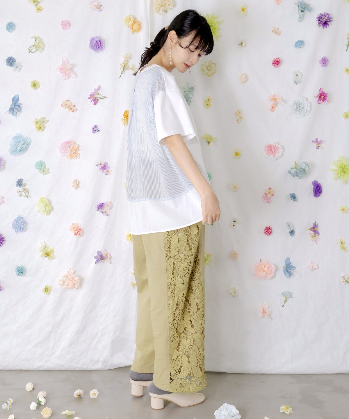 アジサイ柄リボンベルト付き蝶レースパンツ-3