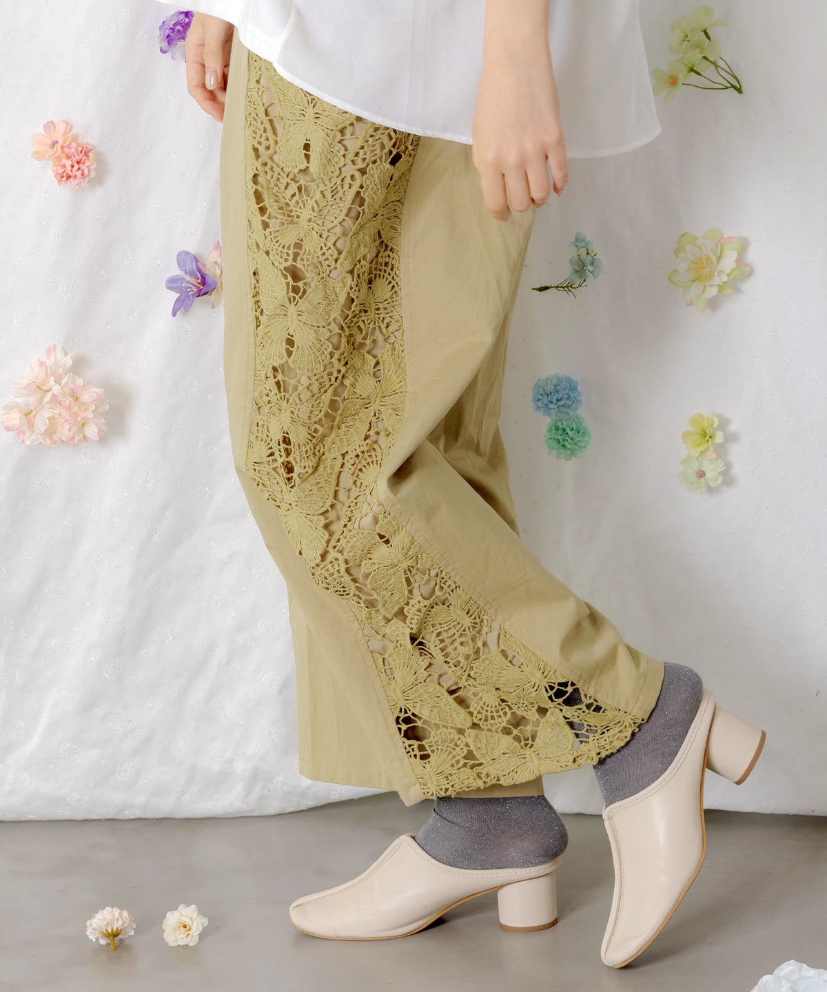 アジサイ柄リボンベルト付き蝶レースパンツ-4