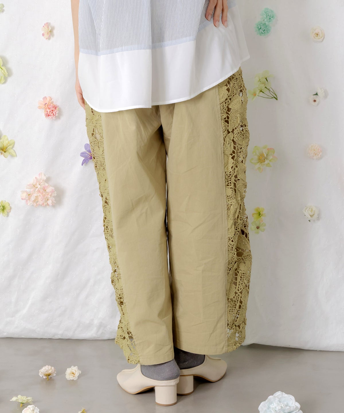 アジサイ柄リボンベルト付き蝶レースパンツ-5