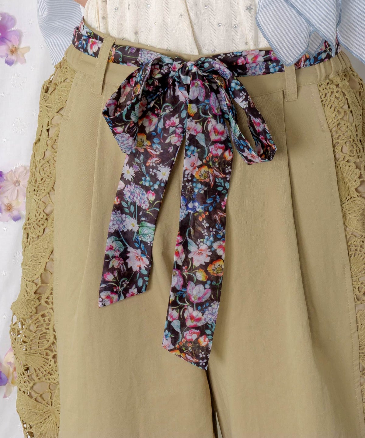 アジサイ柄リボンベルト付き蝶レースパンツ-7