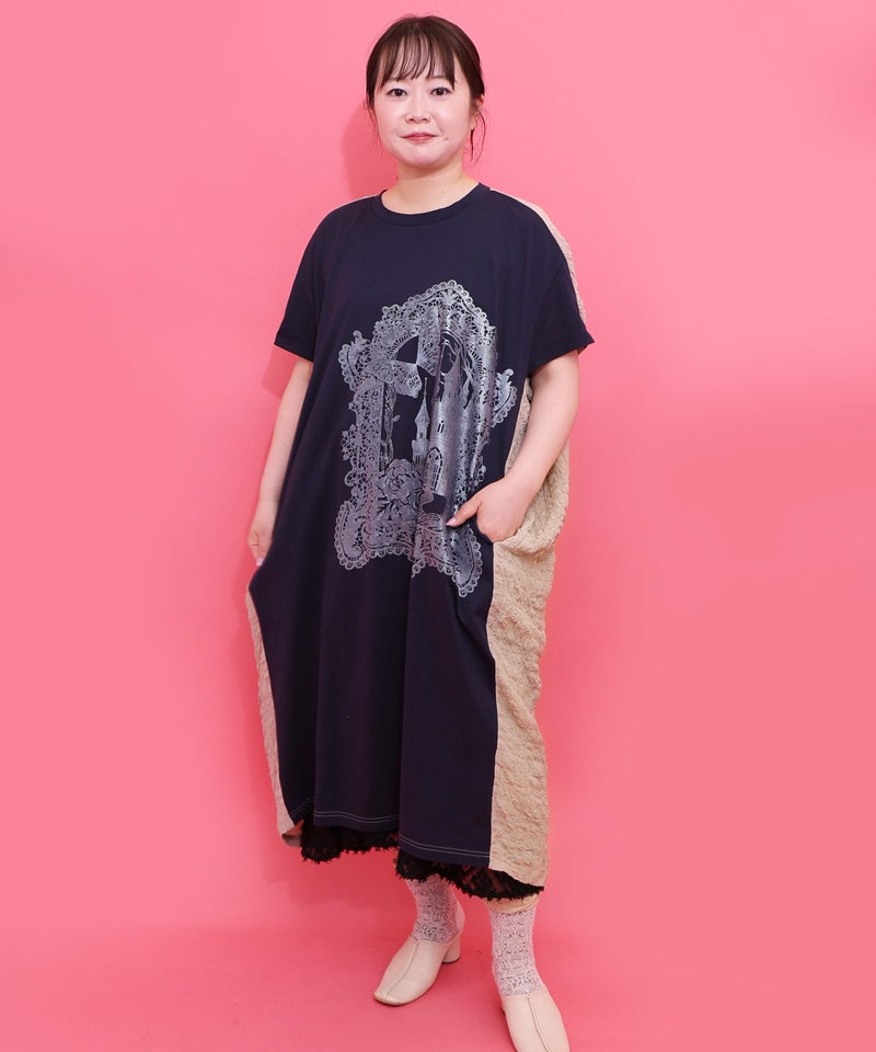 お城のレース風箔プリント異素材切替ワンピ-1