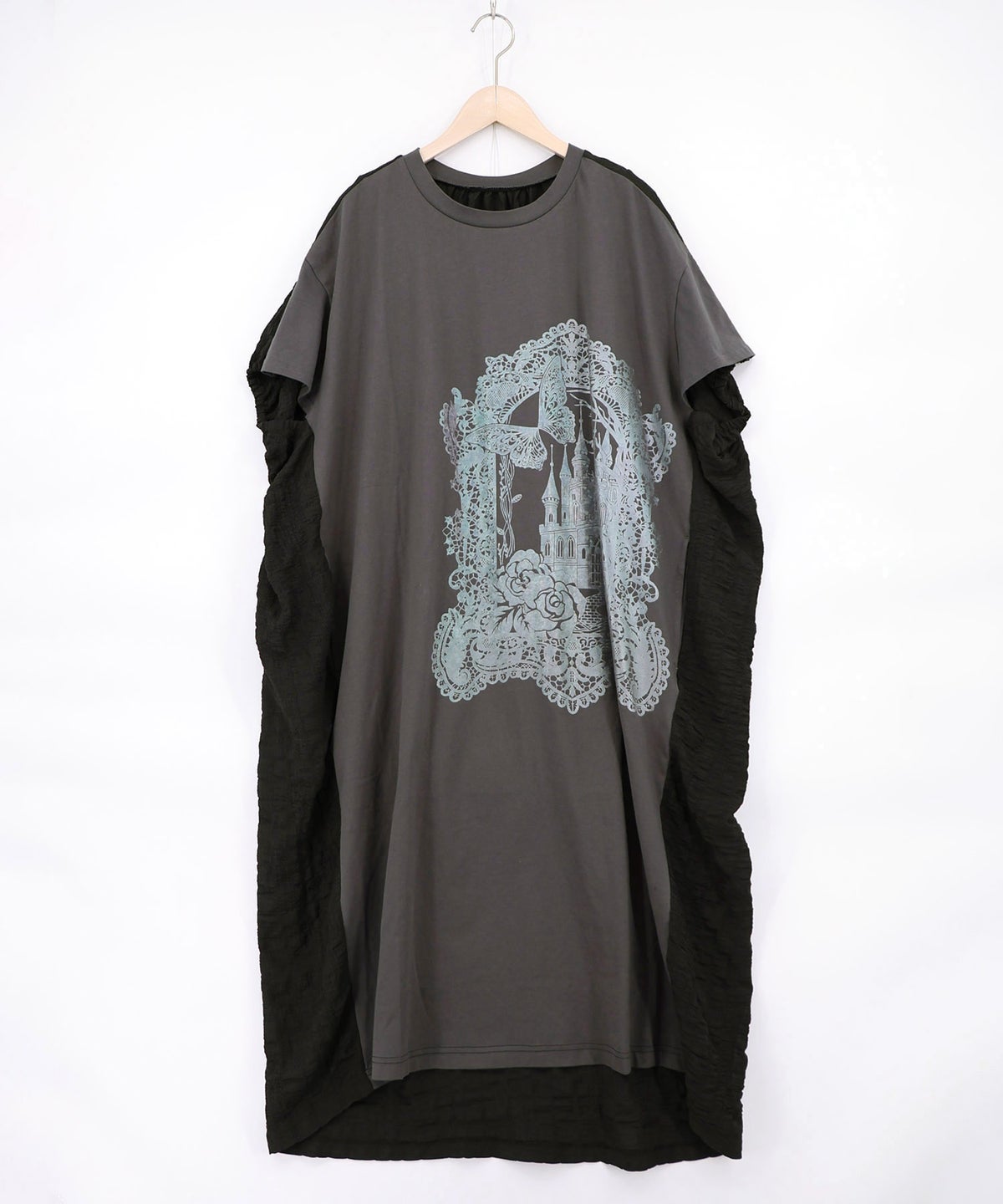 お城のレース風箔プリント異素材切替ワンピ-3