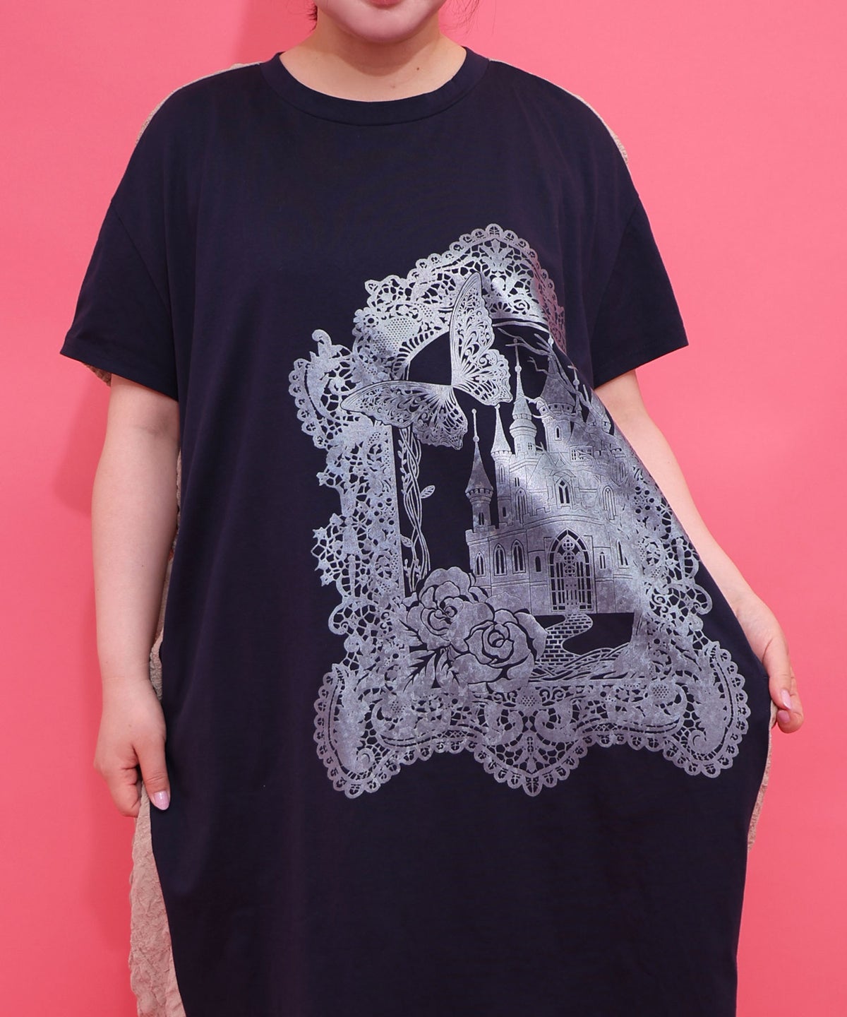 お城のレース風箔プリント異素材切替ワンピ-4