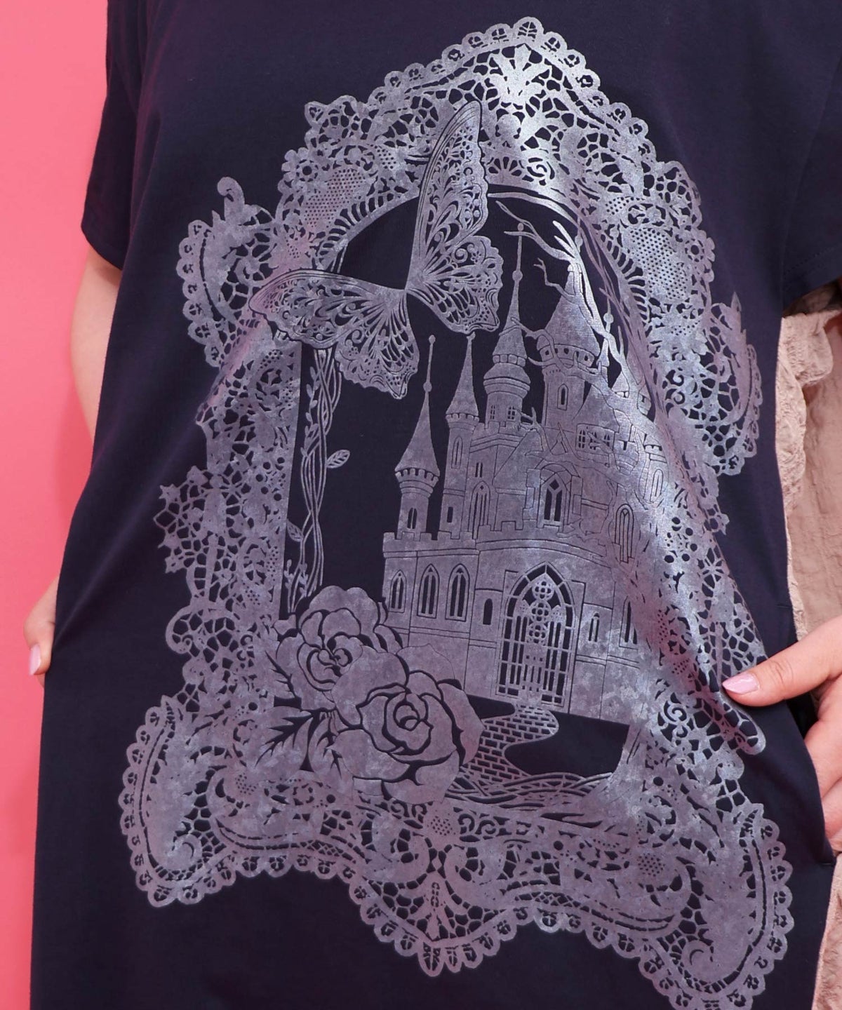 お城のレース風箔プリント異素材切替ワンピ-5