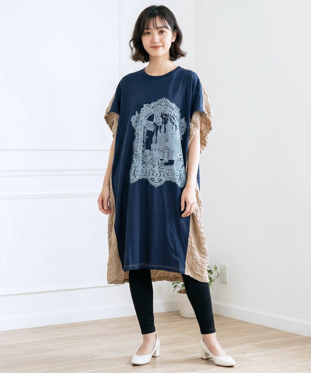 お城のレース風箔プリント異素材切替ワンピ-6