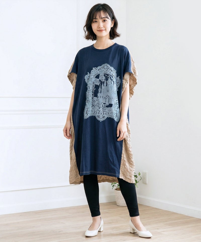 お城のレース風箔プリント異素材切替ワンピ-6