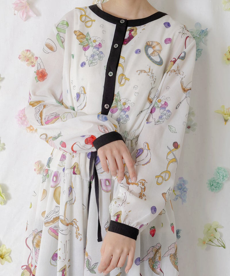 パリの朝食柄シャツワンピース-9