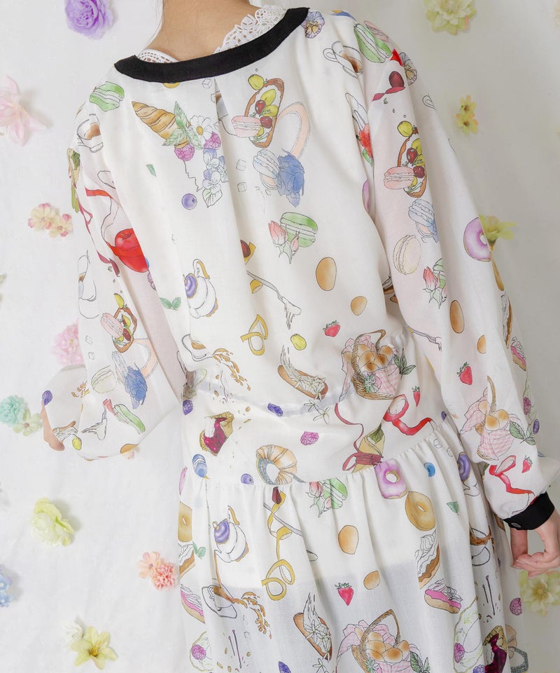 パリの朝食柄シャツワンピース-12