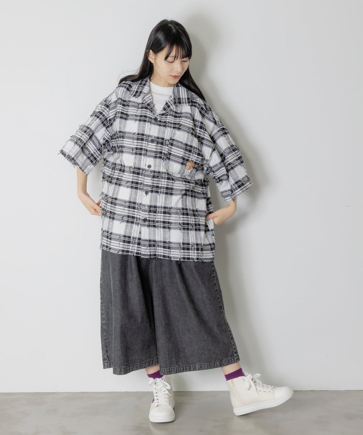 ネコパン刺繍 ひげチェックorデニムシャツ-2