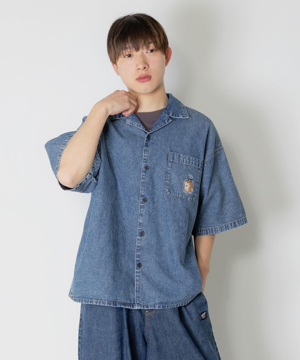 ネコパン刺繍 ひげチェックorデニムシャツ-9