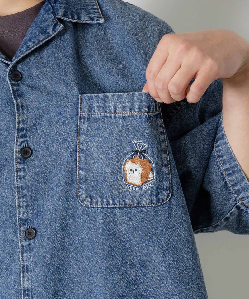 ネコパン刺繍 ひげチェックorデニムシャツ-12