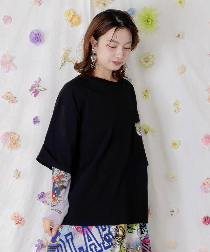 ポップレトロ調 ワッペン風バック刺繍Tシャツ-6