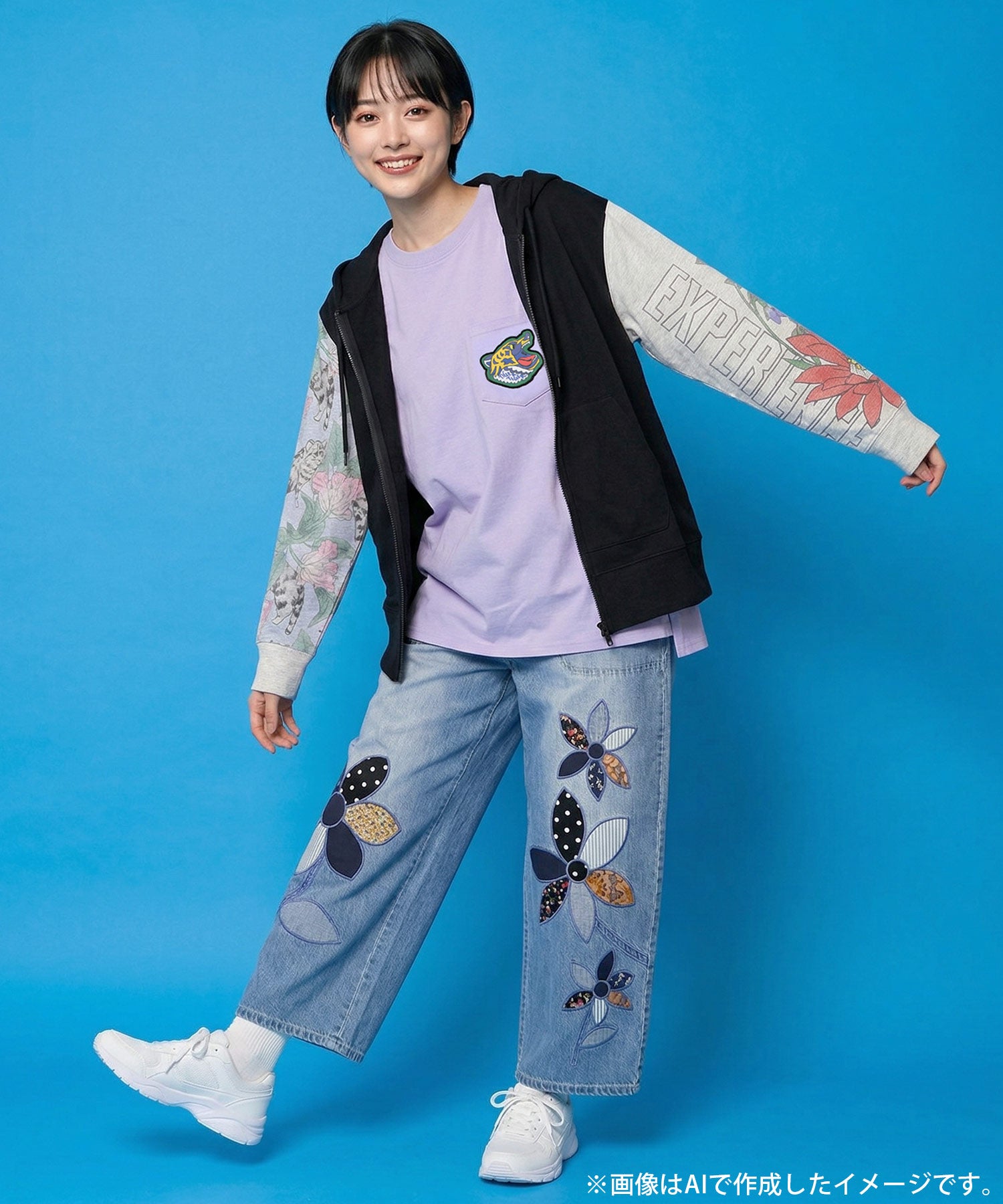 162626：花ネコ袖異素材切替パーカーの通販-ScoLar