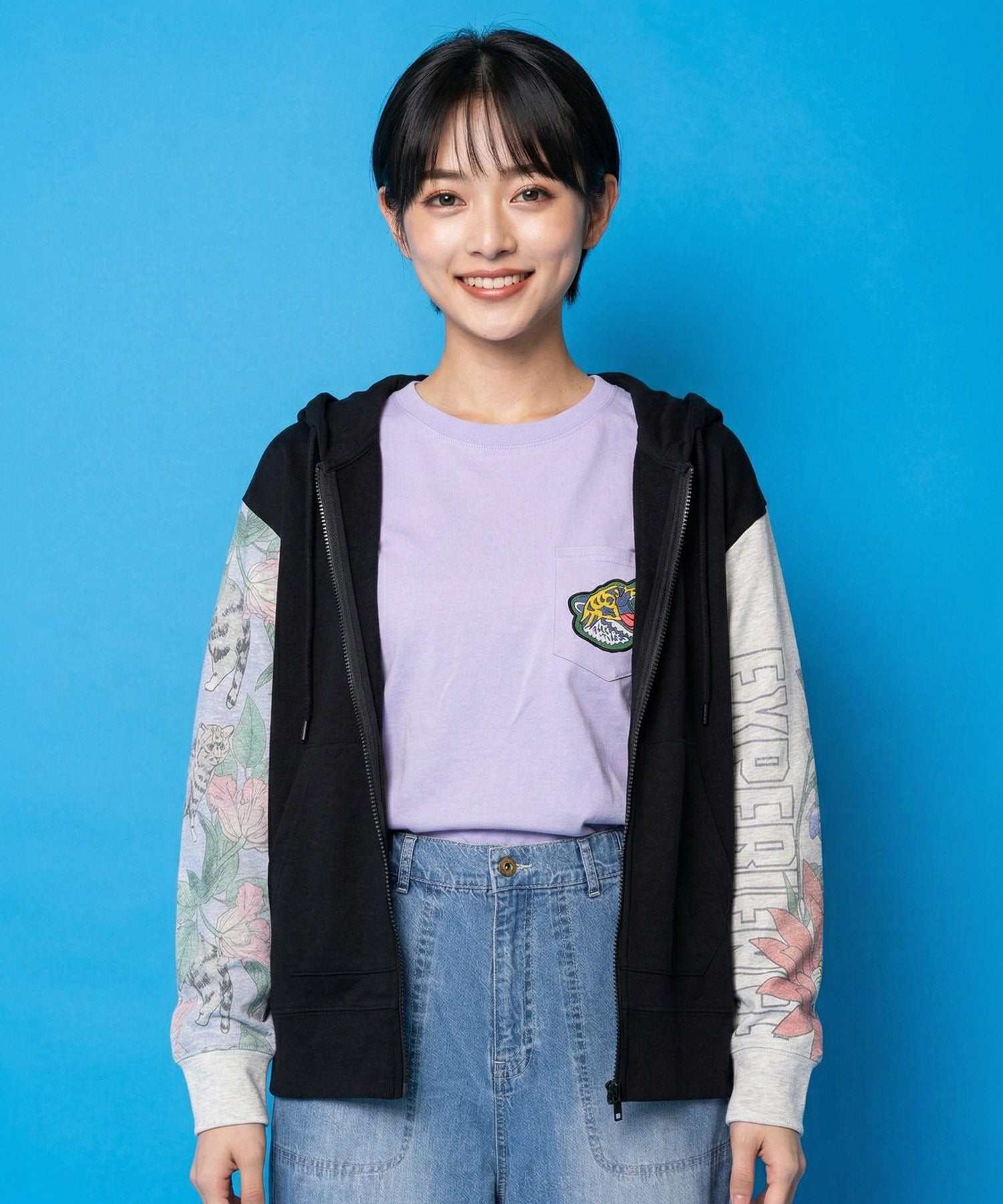 162626：花ネコ袖異素材切替パーカーの通販-ScoLar