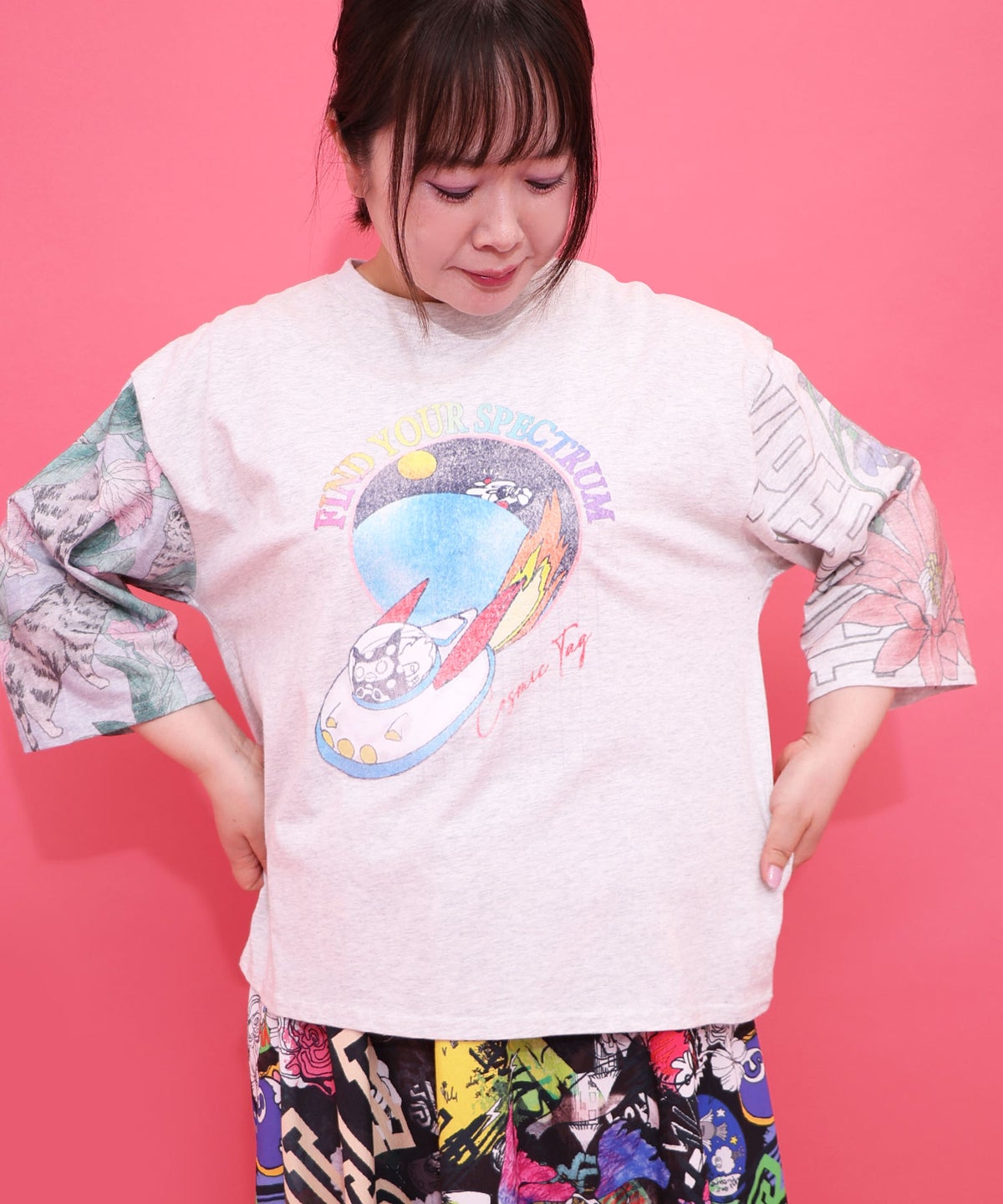 花ネコ袖柄切替 フクミン・モケの宇宙大冒険PO-3