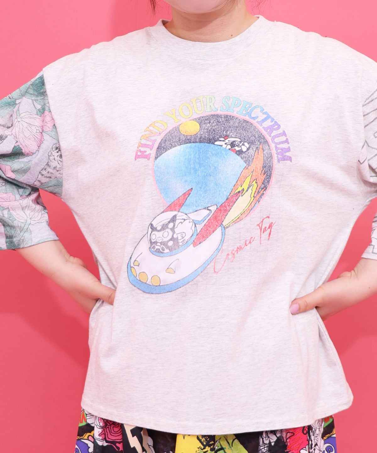 花ネコ袖柄切替 フクミン・モケの宇宙大冒険PO-8