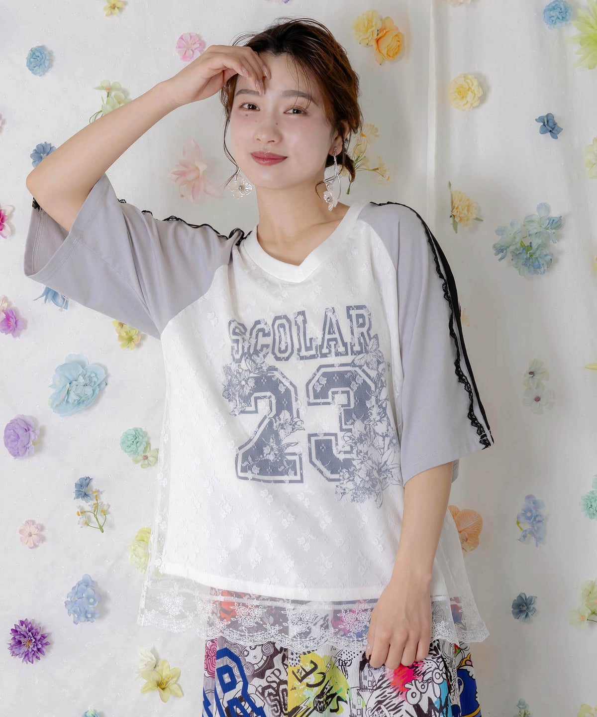 花チュールレース重ねユニフォーム風Tシャツ-1