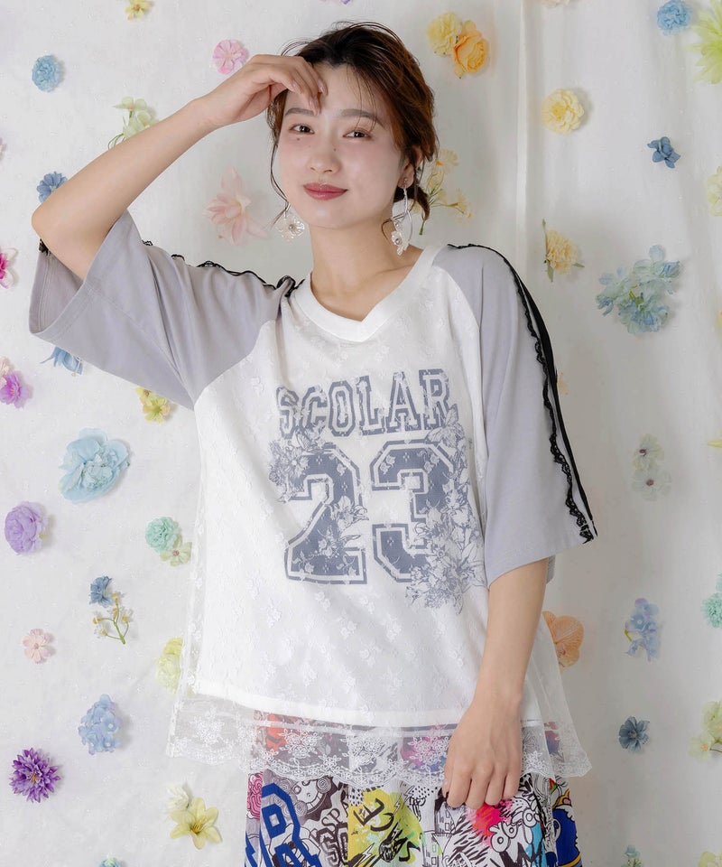 花チュールレース重ねユニフォーム風Tシャツ-1