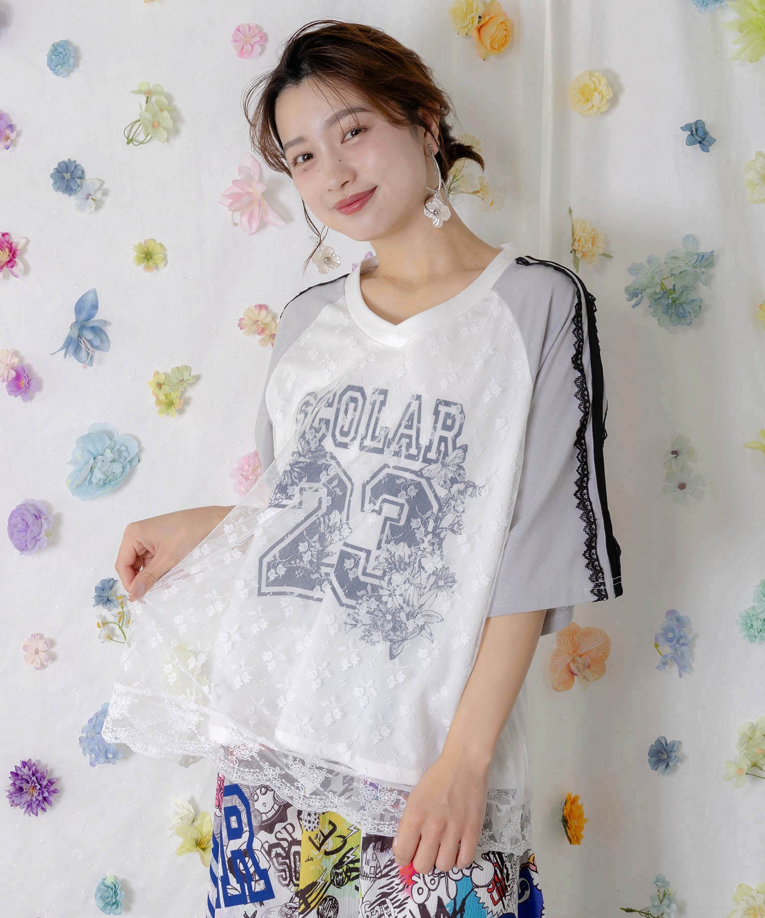 ベイマックス♡（感謝）/4 162618：花チュールレース重ねユニフォーム風Tシャツの通販-ScoLar