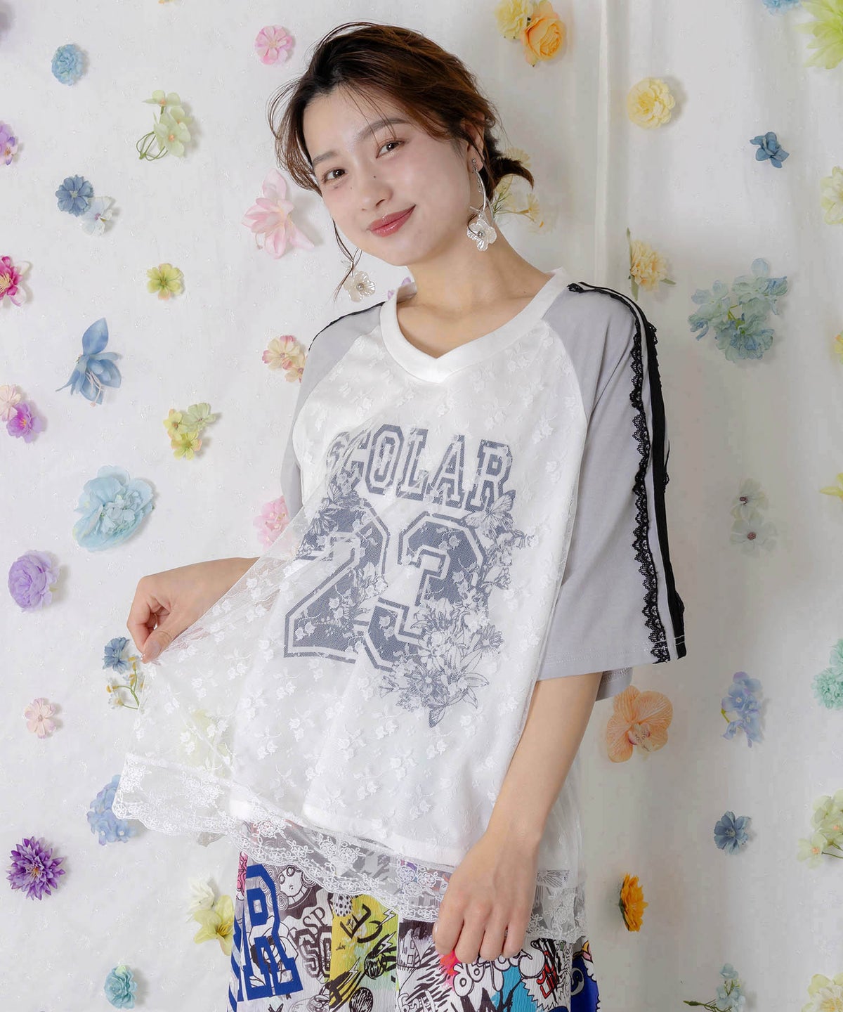 花チュールレース重ねユニフォーム風Tシャツ-2
