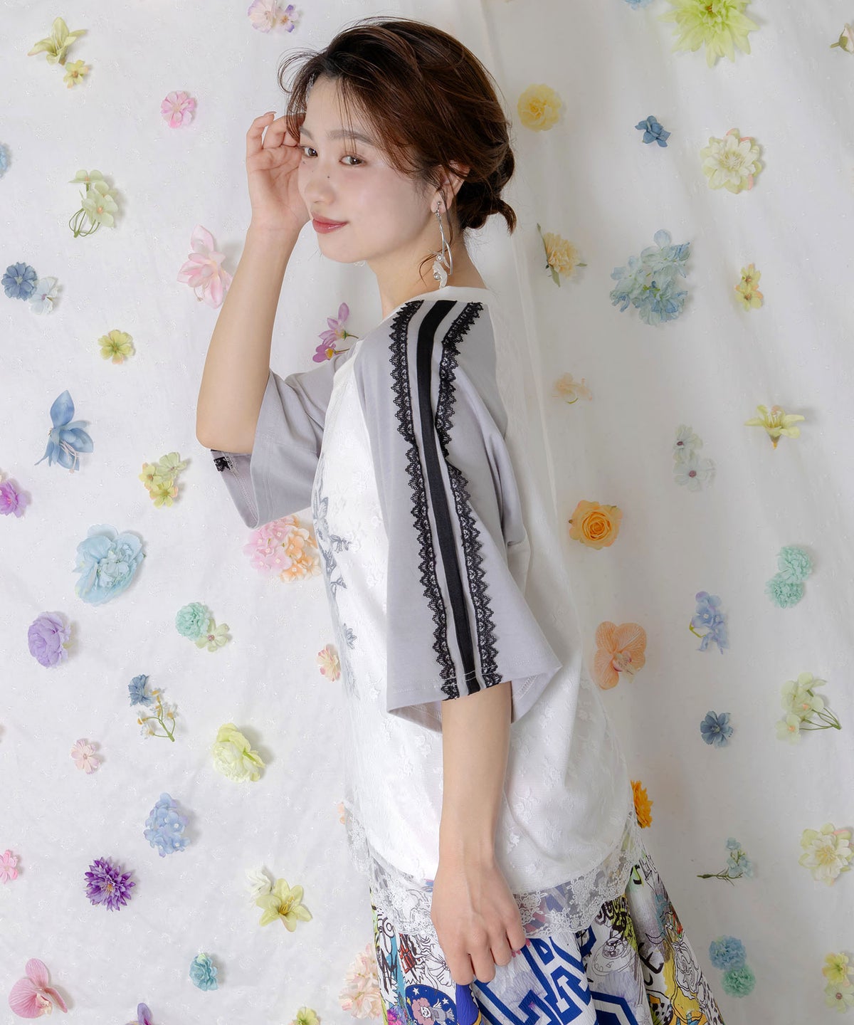 花チュールレース重ねユニフォーム風Tシャツ-3