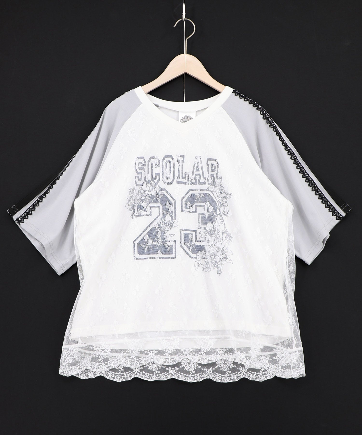 162618：花チュールレース重ねユニフォーム風Tシャツの通販-ScoLar