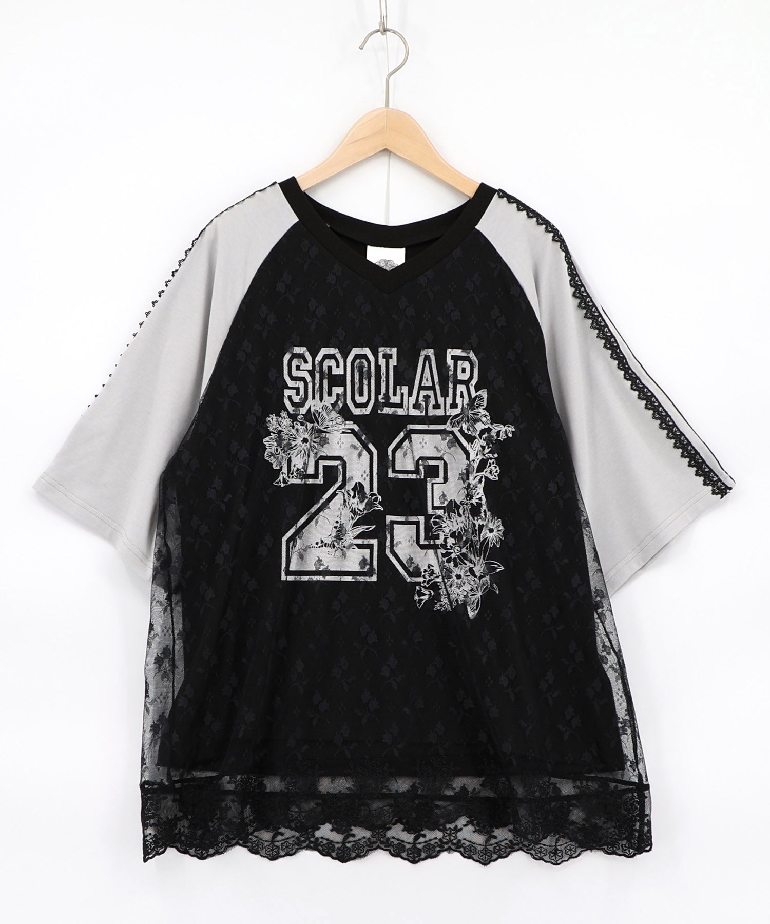 162618：花チュールレース重ねユニフォーム風Tシャツの通販-ScoLar