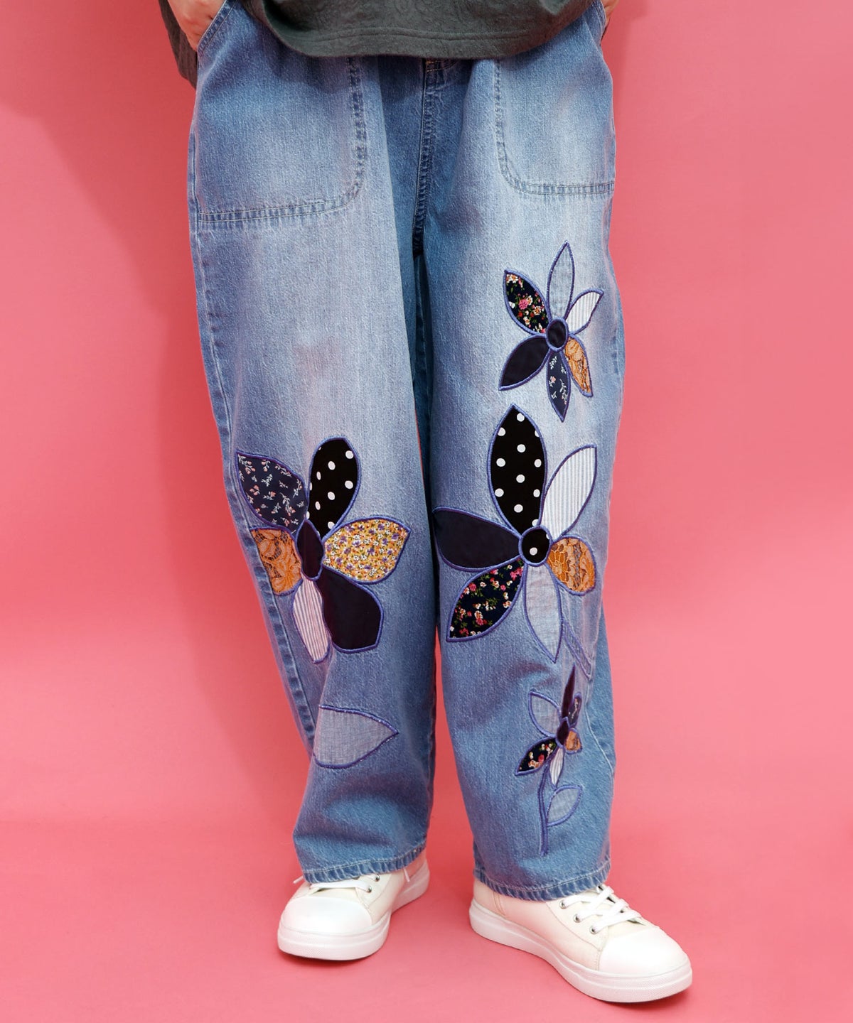 パッチワークお花アップリケデニムパンツ-10