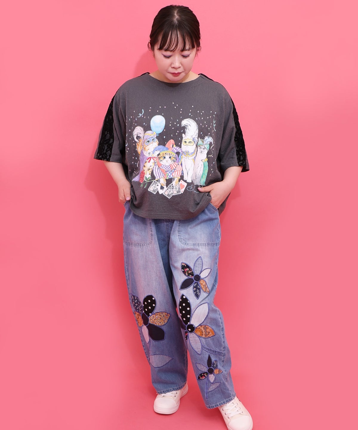 パッチワークお花アップリケデニムパンツ-11