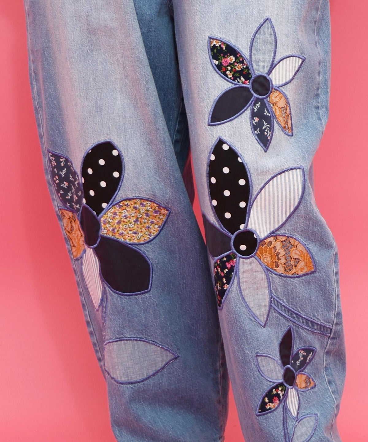 パッチワークお花アップリケデニムパンツ-14