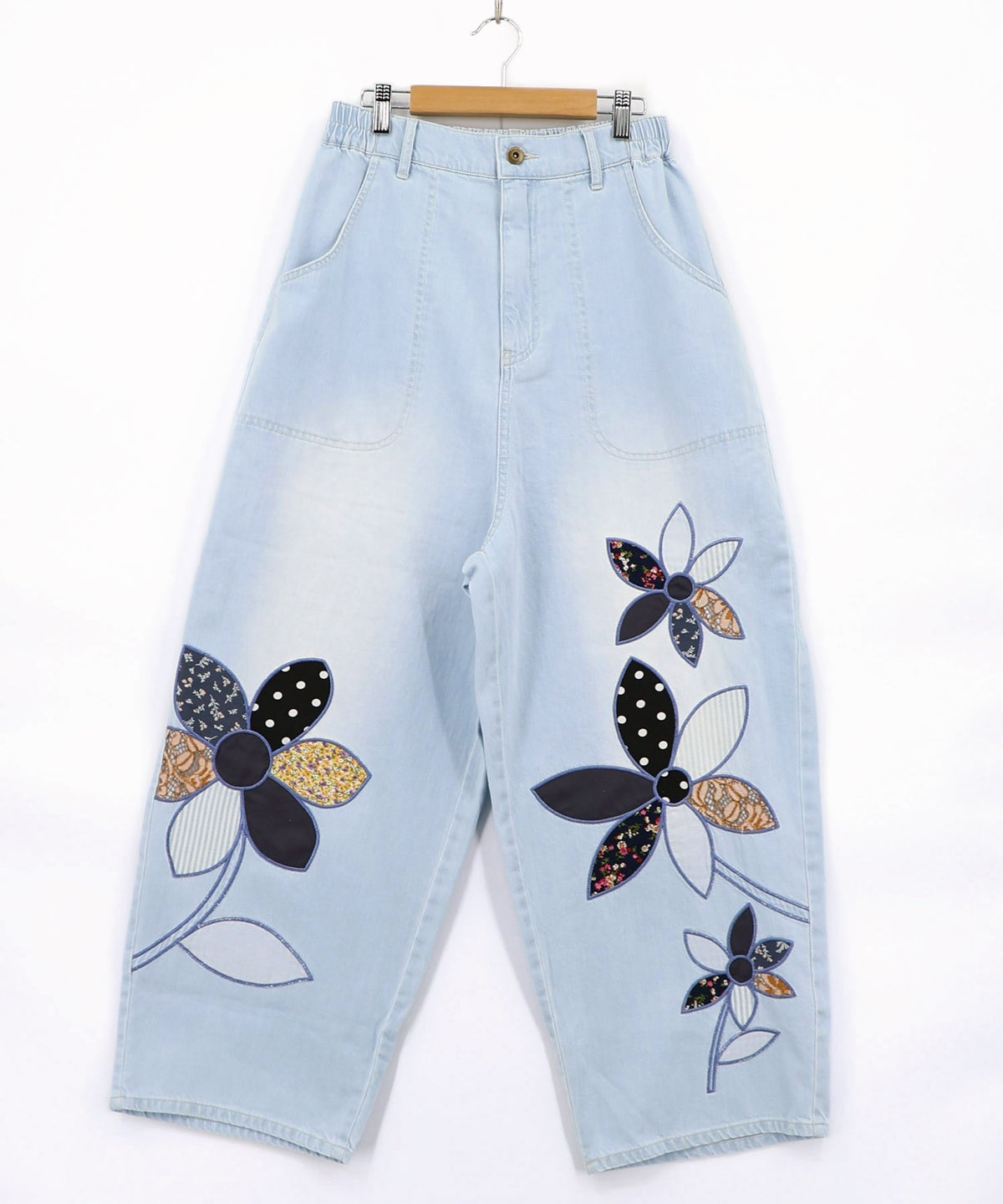 パッチワークお花アップリケデニムパンツ-15