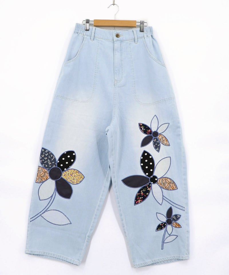 パッチワークお花アップリケデニムパンツ-15