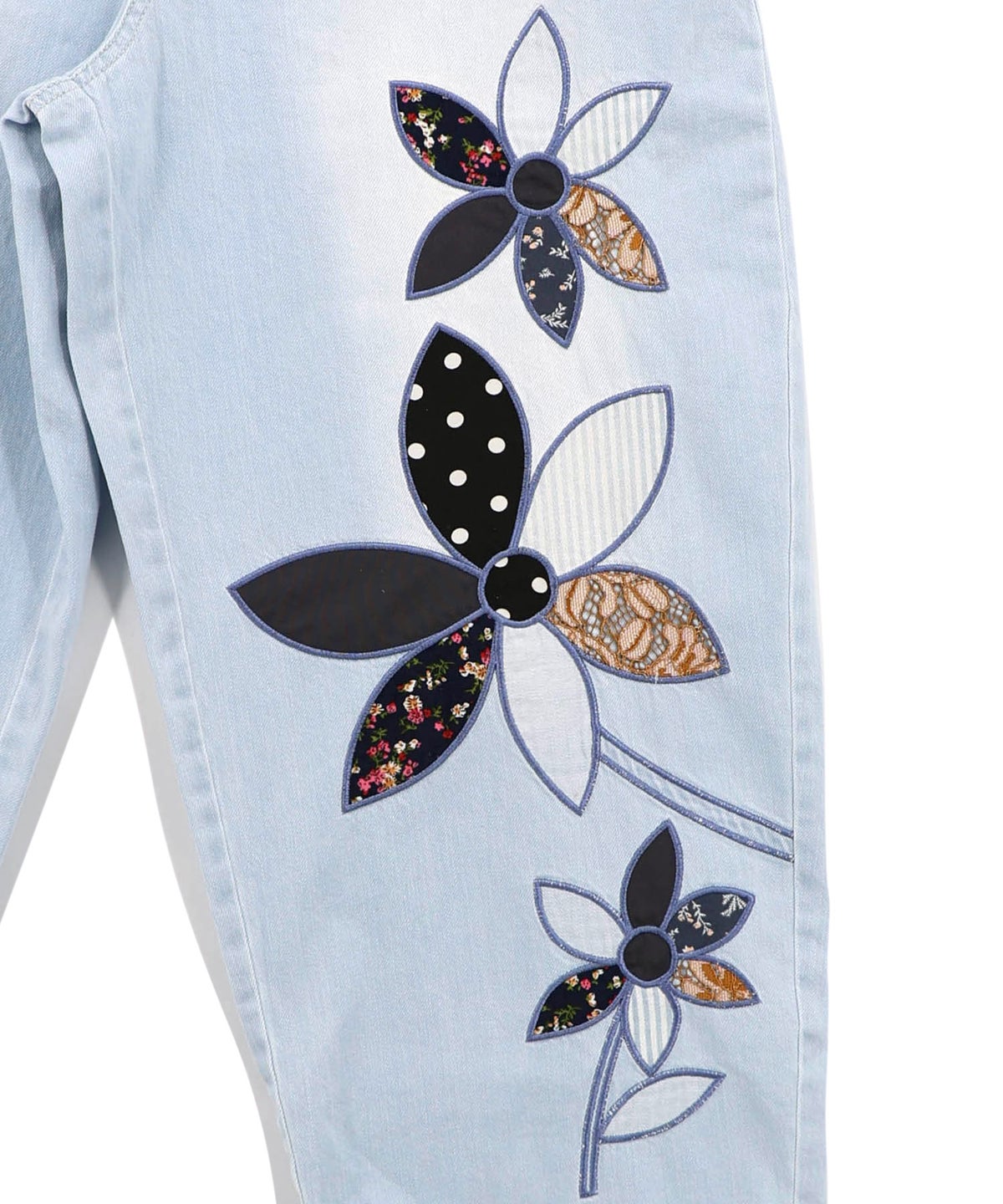 パッチワークお花アップリケデニムパンツ-17