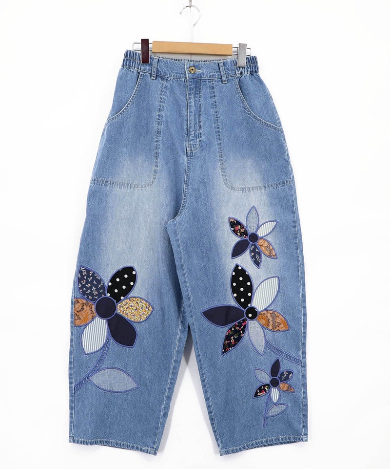 パッチワークお花アップリケデニムパンツ-18