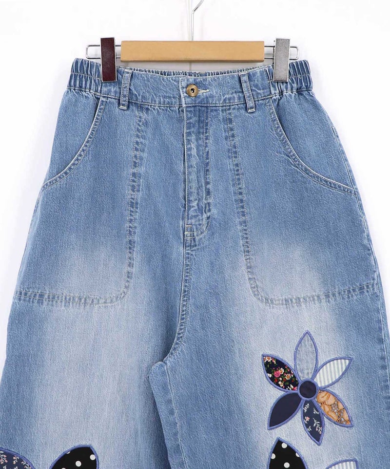 パッチワークお花アップリケデニムパンツ-21